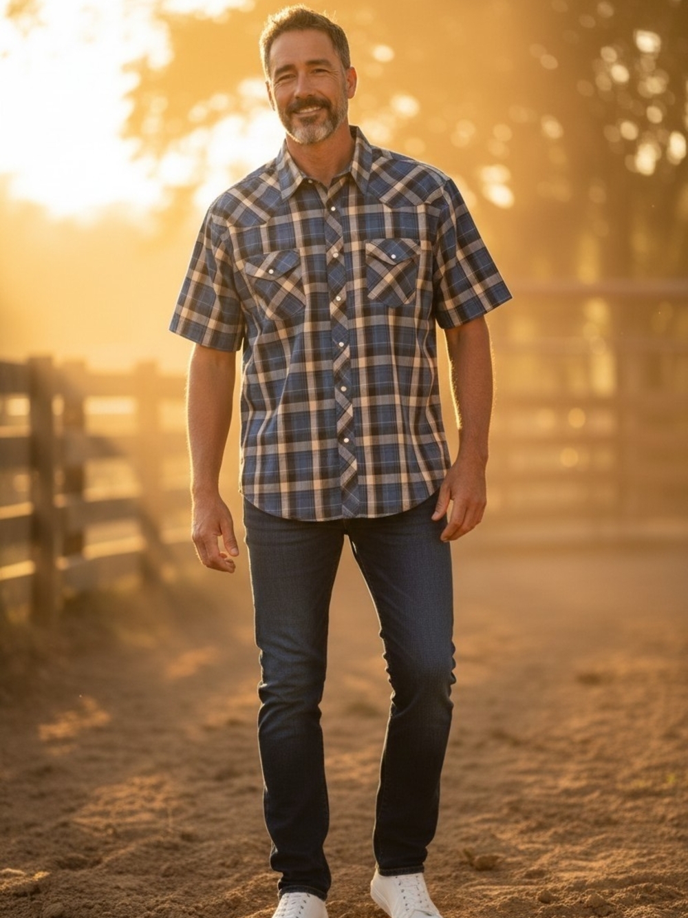Wrangler Blue Tan Plaid Short-Sleeve Pearl Snap Button-Down Shirt Sz 3XLT